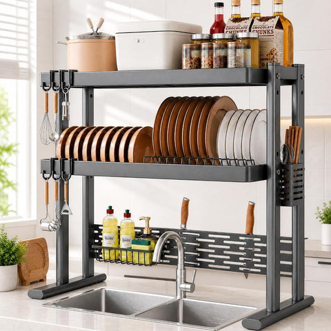 ComfyHome 2-Tier Over Sink Dish Drying Rack, 80cm Stainless Steel Kitchen Sink Dish Drainer for Plates, Bowls & Utensils, Rust-Resistant