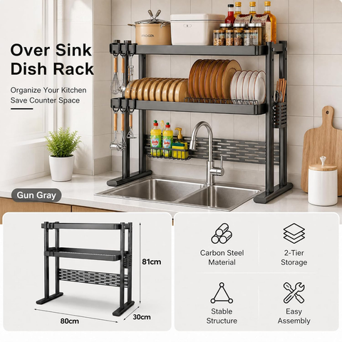 ComfyHome 2-Tier Over Sink Dish Drying Rack, 80cm Stainless Steel Kitchen Sink Dish Drainer for Plates, Bowls & Utensils, Rust-Resistant