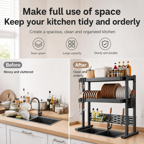 ComfyHome 2-Tier Over Sink Dish Drying Rack, 80cm Stainless Steel Kitchen Sink Dish Drainer for Plates, Bowls & Utensils, Rust-Resistant