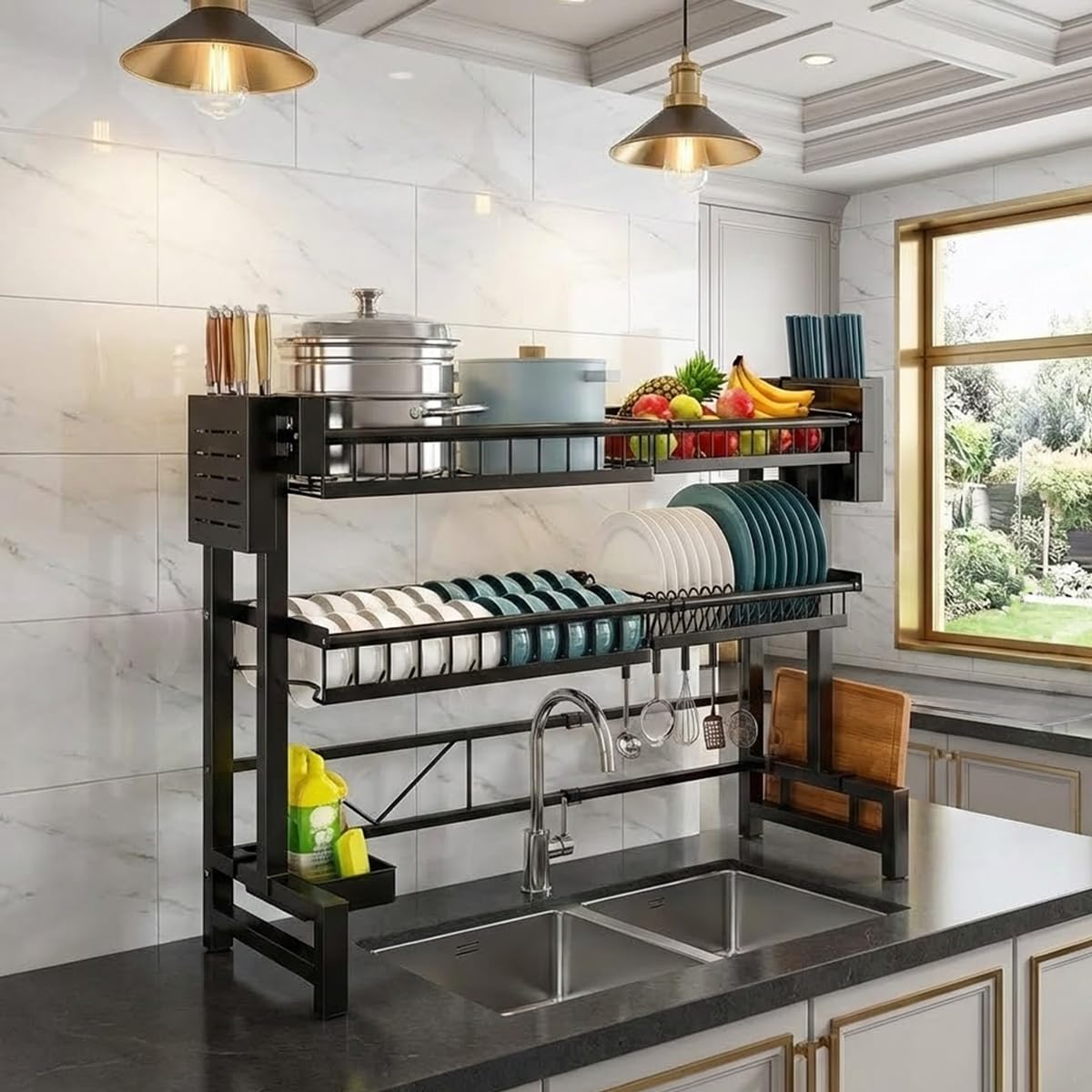 ComfyHome Over Sink Dish Drying Rack, Adjustable 2-Tier Bartan Stand – Expandable Kitchen Sink Organizer with Utensil Holders, Rustproof Carbon Steel