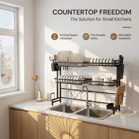 ComfyHome Over Sink Dish Drying Rack, Adjustable 2-Tier Bartan Stand – Expandable Kitchen Sink Organizer with Utensil Holders, Rustproof Carbon Steel