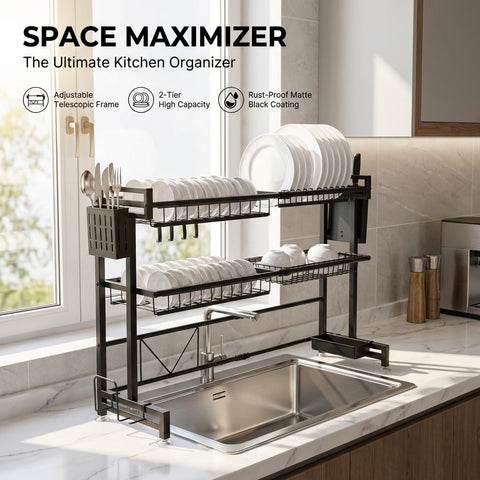 ComfyHome Over Sink Dish Drying Rack, Adjustable 2-Tier Bartan Stand – Expandable Kitchen Sink Organizer with Utensil Holders, Rustproof Carbon Steel