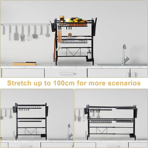 ComfyHome Over Sink Dish Drying Rack, Adjustable 2-Tier Bartan Stand – Expandable Kitchen Sink Organizer with Utensil Holders, Rustproof Carbon Steel