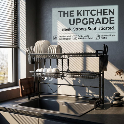 ComfyHome Over Sink Dish Drying Rack, Adjustable 2-Tier Bartan Stand – Expandable Kitchen Sink Organizer with Utensil Holders, Rustproof Carbon Steel