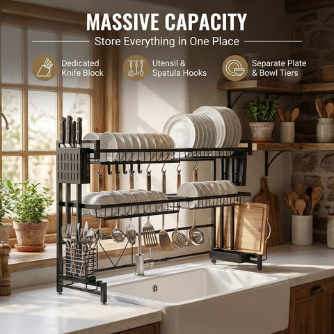 ComfyHome Over Sink Dish Drying Rack, Adjustable 2-Tier Bartan Stand – Expandable Kitchen Sink Organizer with Utensil Holders, Rustproof Carbon Steel