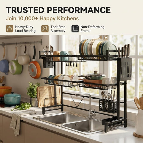 ComfyHome Over Sink Dish Drying Rack, Adjustable 2-Tier Bartan Stand – Expandable Kitchen Sink Organizer with Utensil Holders, Rustproof Carbon Steel