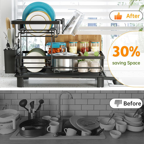 Before and after comparison of a ComfyHome space-saving 2-tier dish rack organizing a cluttered kitchen counter