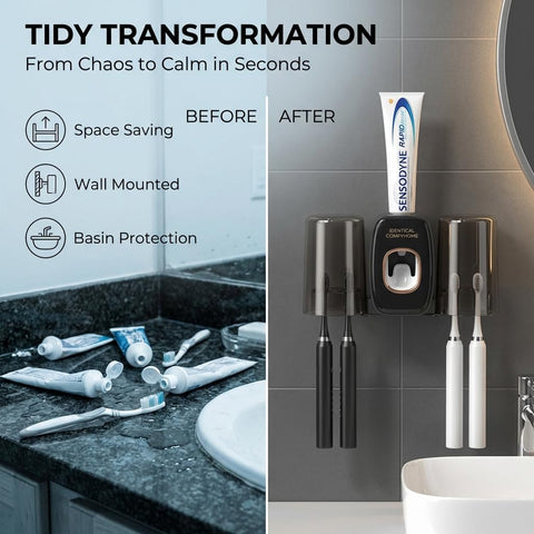 ComfyHome Wall Mounted Toothbrush Holder with Automatic Toothpaste Dispenser & 2 Gargle Cups – No Drill, Self Adhesive Bathroom Organizer