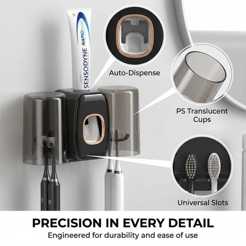 ComfyHome Wall Mounted Toothbrush Holder with Automatic Toothpaste Dispenser & 2 Gargle Cups – No Drill, Self Adhesive Bathroom Organizer