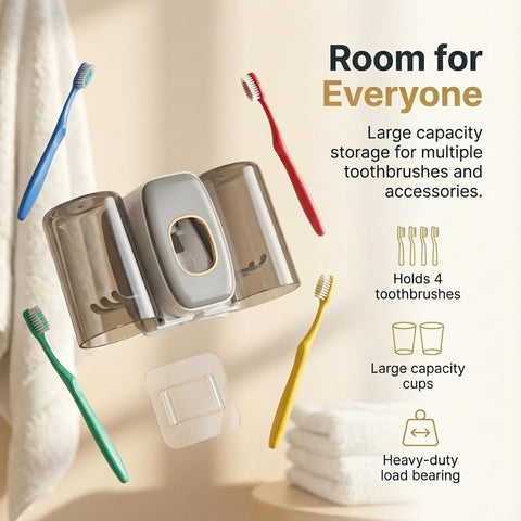 ComfyHome Wall Mounted Toothbrush Holder with Automatic Toothpaste Dispenser & 2 Gargle Cups – No Drill, Self Adhesive Bathroom Organizer