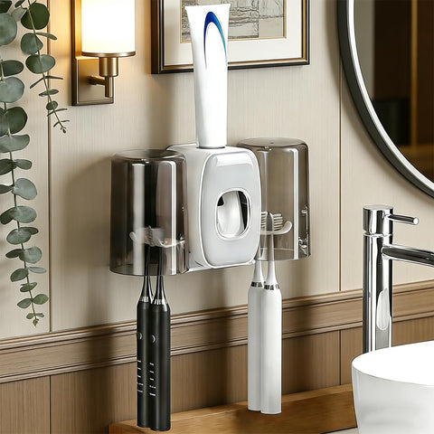 ComfyHome Wall Mounted Toothbrush Holder with Automatic Toothpaste Dispenser & 2 Gargle Cups – No Drill, Self Adhesive Bathroom Organizer