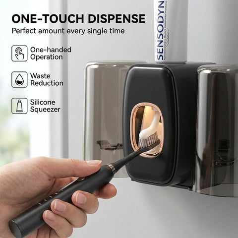 ComfyHome Wall Mounted Toothbrush Holder with Automatic Toothpaste Dispenser & 2 Gargle Cups – No Drill, Self Adhesive Bathroom Organizer