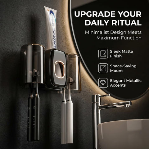 ComfyHome Wall Mounted Toothbrush Holder with Automatic Toothpaste Dispenser & 2 Gargle Cups – No Drill, Self Adhesive Bathroom Organizer