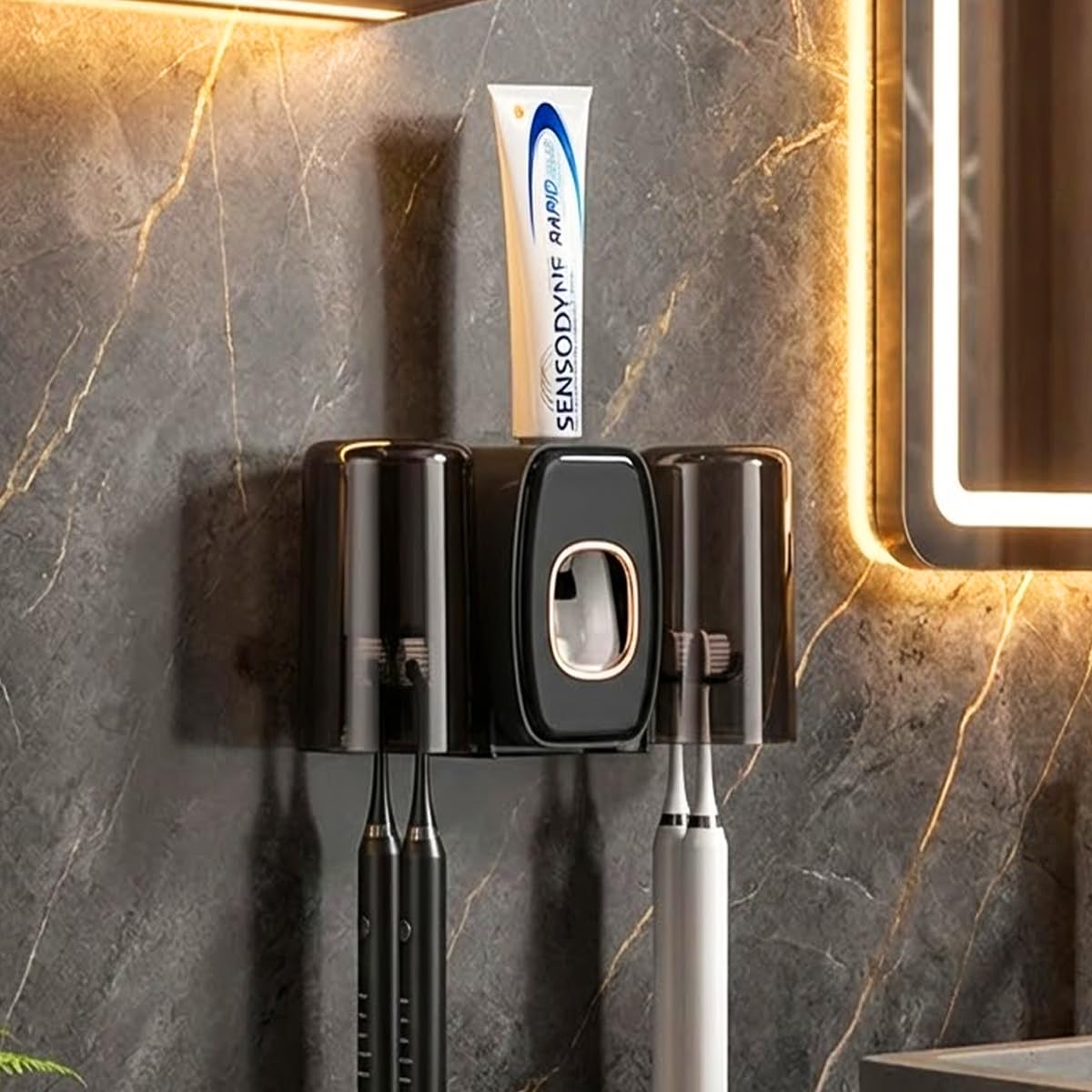 ComfyHome Wall Mounted Toothbrush Holder with Automatic Toothpaste Dispenser & 2 Gargle Cups – No Drill, Self Adhesive Bathroom Organizer