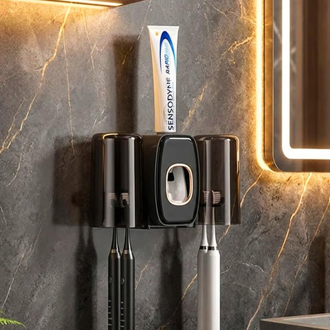 ComfyHome Wall Mounted Toothbrush Holder with Automatic Toothpaste Dispenser & 2 Gargle Cups – No Drill, Self Adhesive Bathroom Organizer
