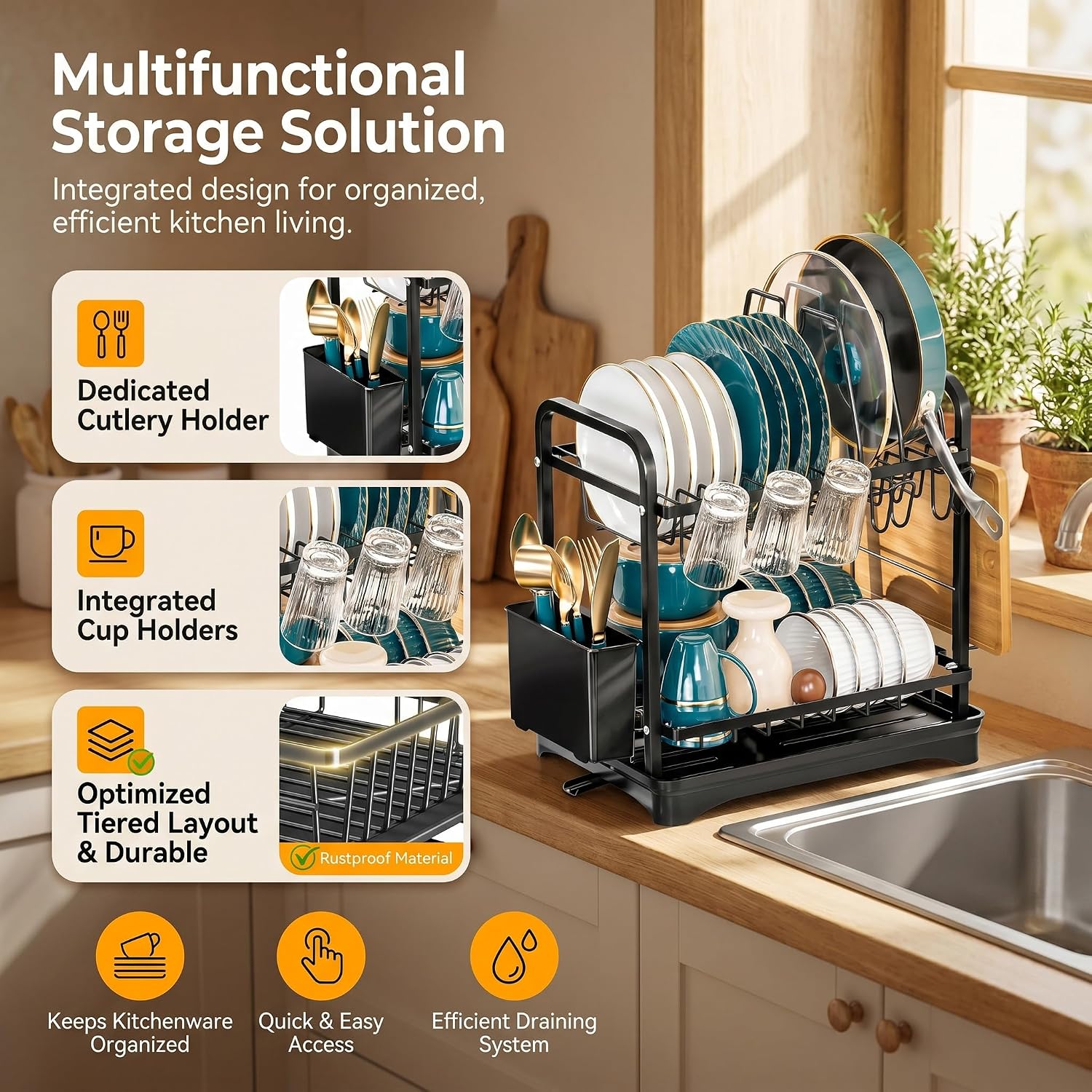 Multifunctional ComfyHome dish rack with dedicated cutlery holder, integrated cup holders, tiered storage, and efficient draining system