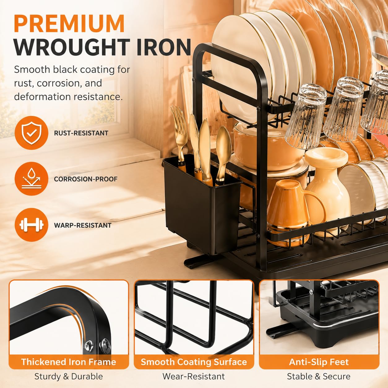 Premium wrought iron ComfyHome dish drying rack with smooth black coating, rust resistance, anti-slip feet, and durable frame
