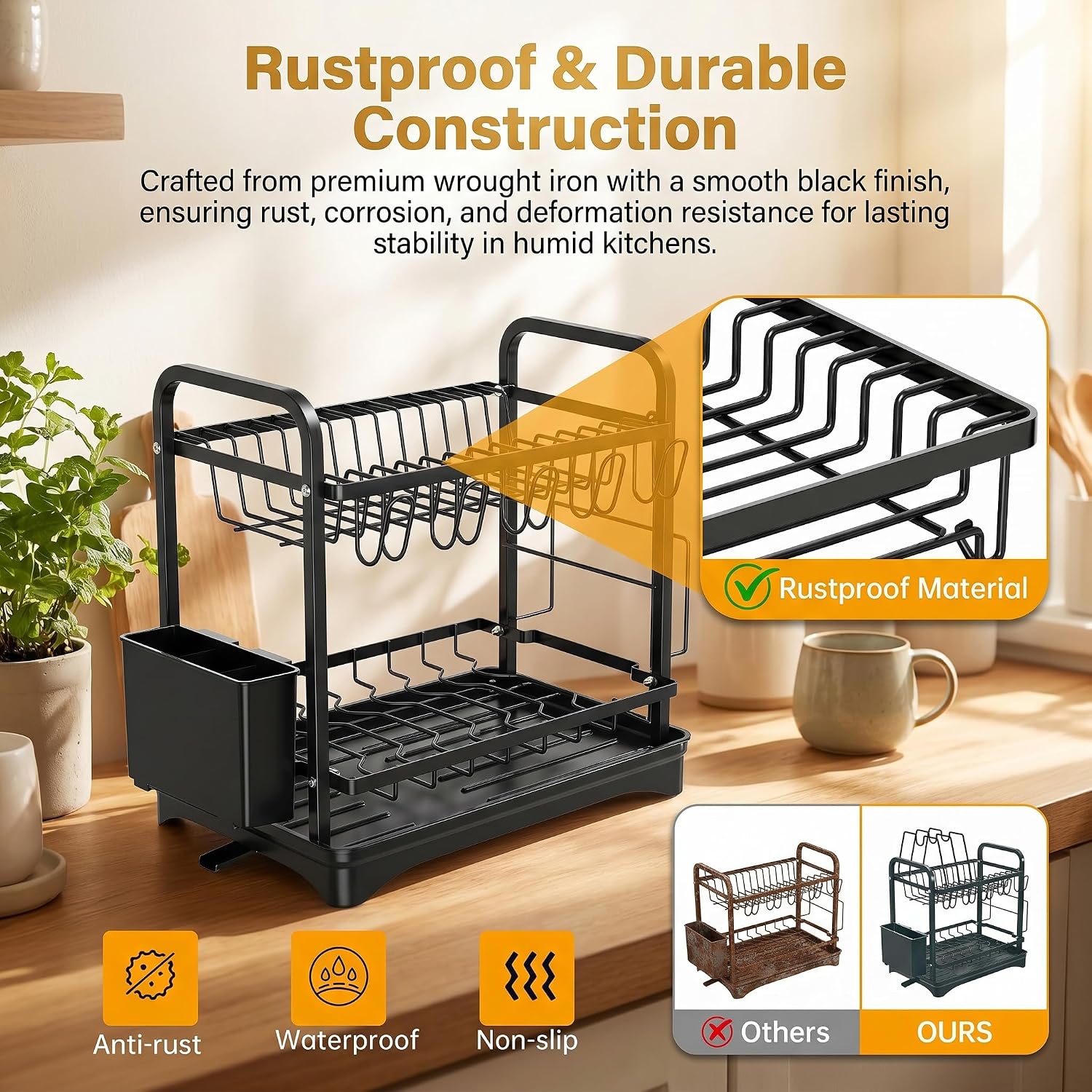 Rustproof and durable ComfyHome dish drying rack made from premium wrought iron with waterproof coating and non-slip base