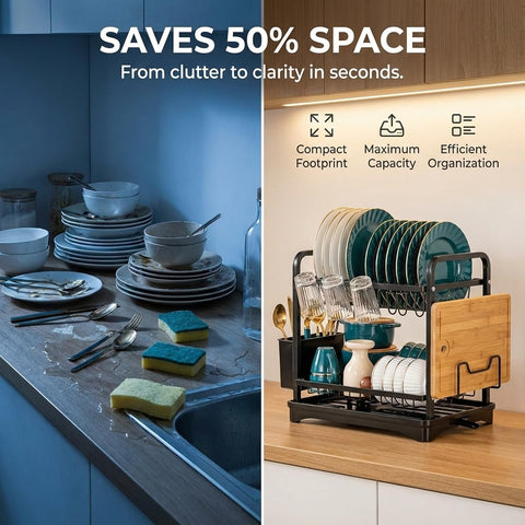 ComfyHome space-saving dish drying rack helps organize plates, cups, bowls, and utensils while saving kitchen counter space